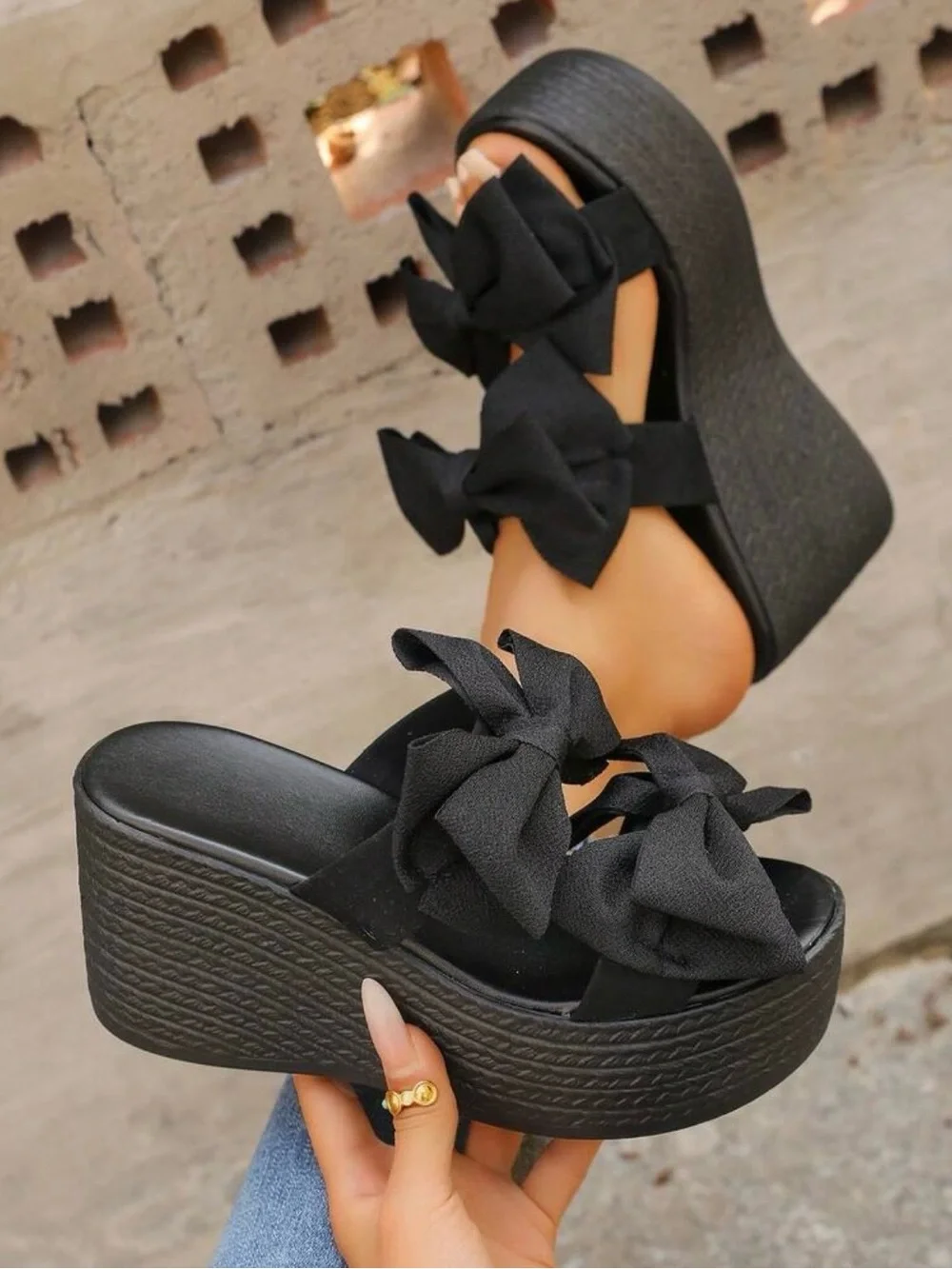 Black Bow Platform Slide Sandals